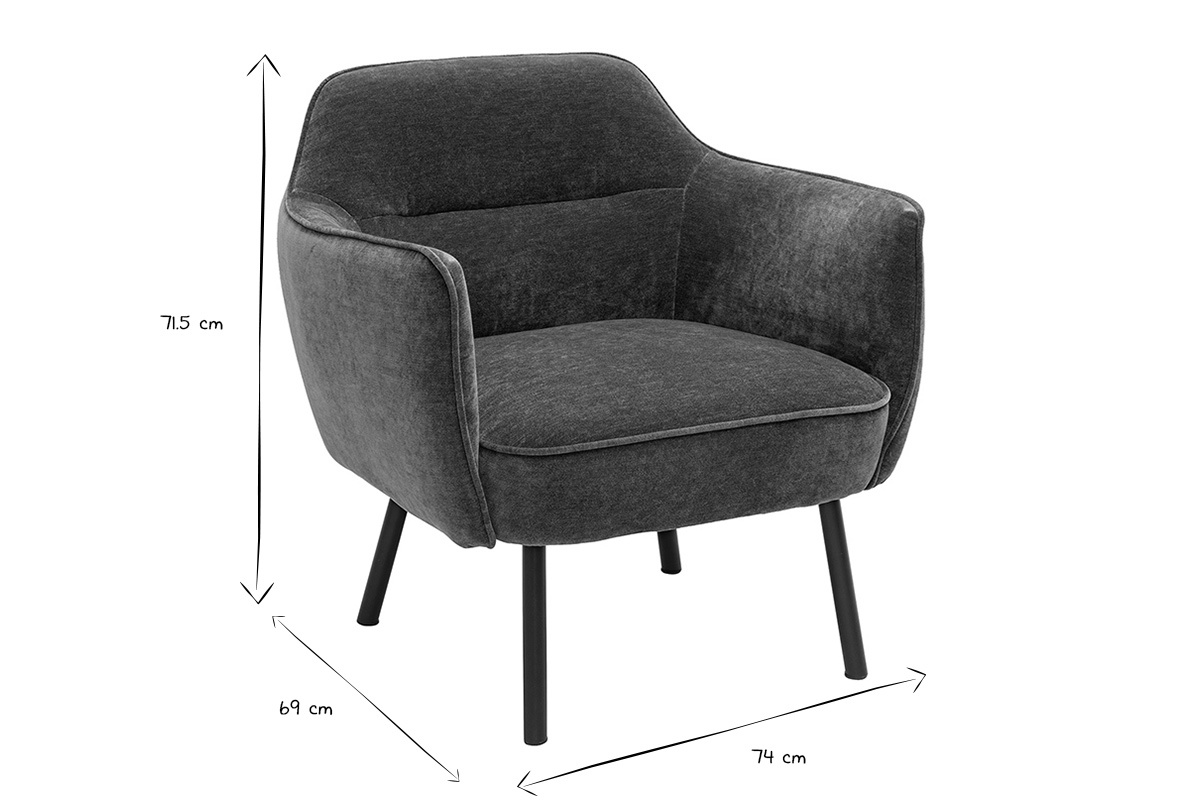 Fauteuil design en tissu effet velours vert kaki et mtal noir LAURENS