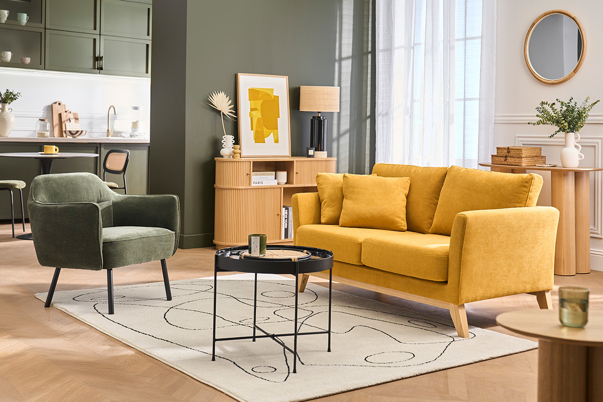 Fauteuil design en tissu effet velours vert kaki et m�tal noir LAURENS