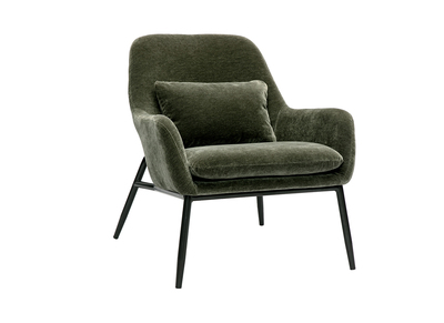 Fauteuil design en tissu effet velours vert kaki et métal noir MAXINE