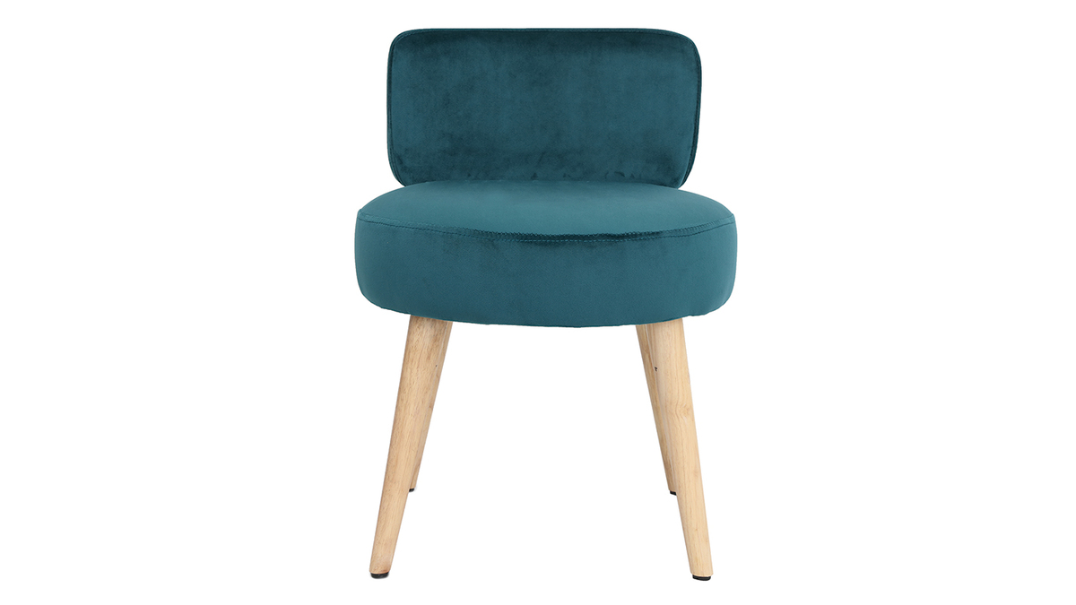 Fauteuil design en tissu velours bleu canard et bois clair TANAKA