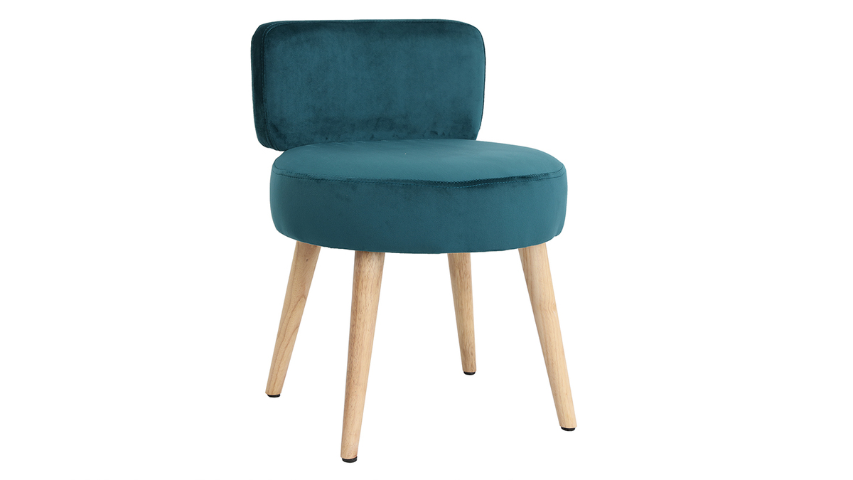 Fauteuil design en tissu velours bleu canard et bois clair TANAKA