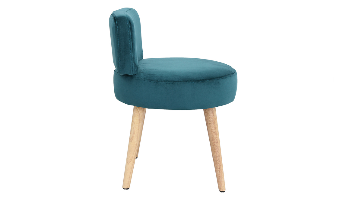 Fauteuil design en tissu velours bleu canard et bois clair TANAKA