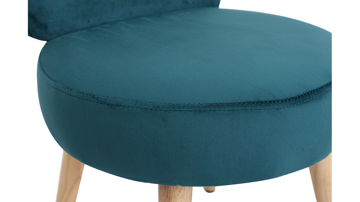 Fauteuil design en tissu velours bleu canard et bois clair TANAKA