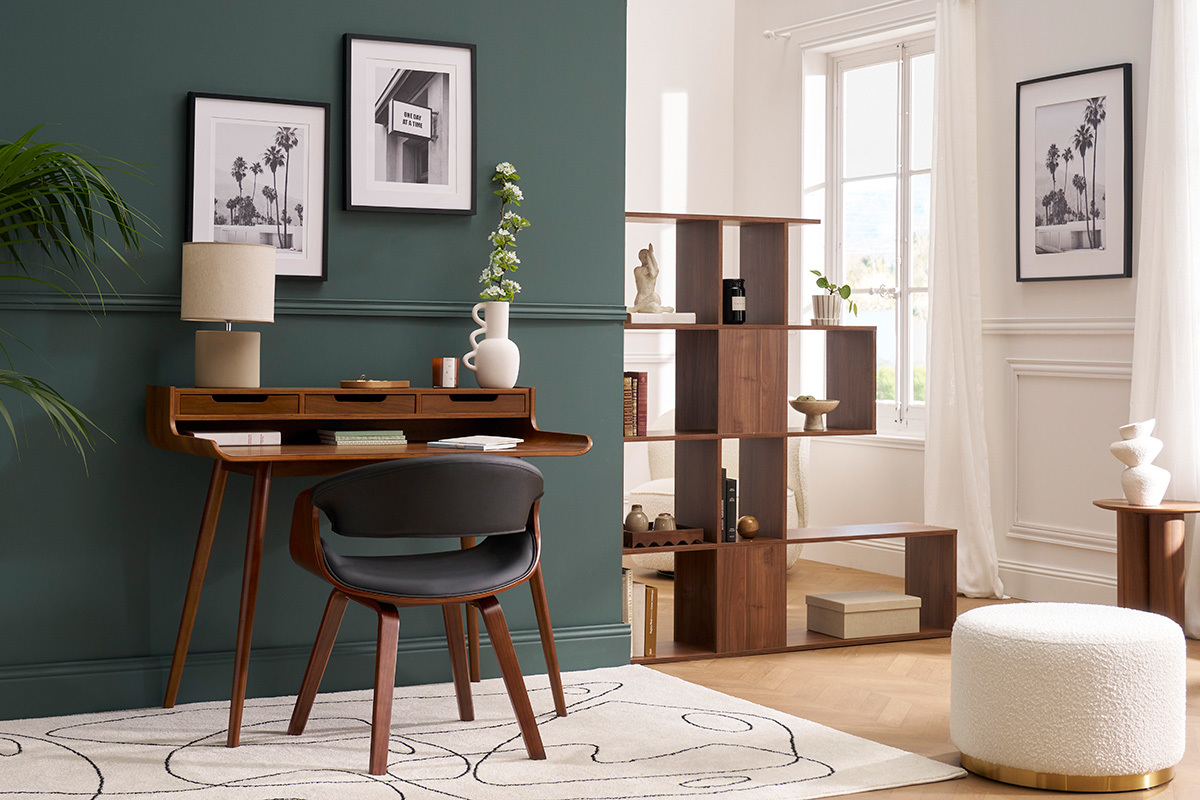 Fauteuil design noir et bois fonc noyer ARAMIS