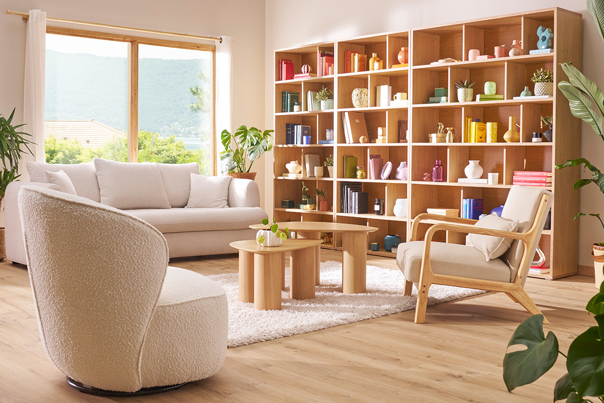 Fauteuil design pivotant en tissu effet laine boucle blanc AMBER