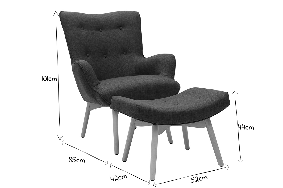 Fauteuil design scandinave et son repose pied gris fonc et bois clair BRISTOL