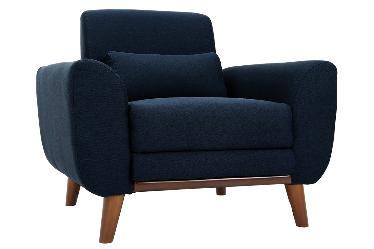 Fauteuil en tissu bleu fonc et bois fonc EKTOR