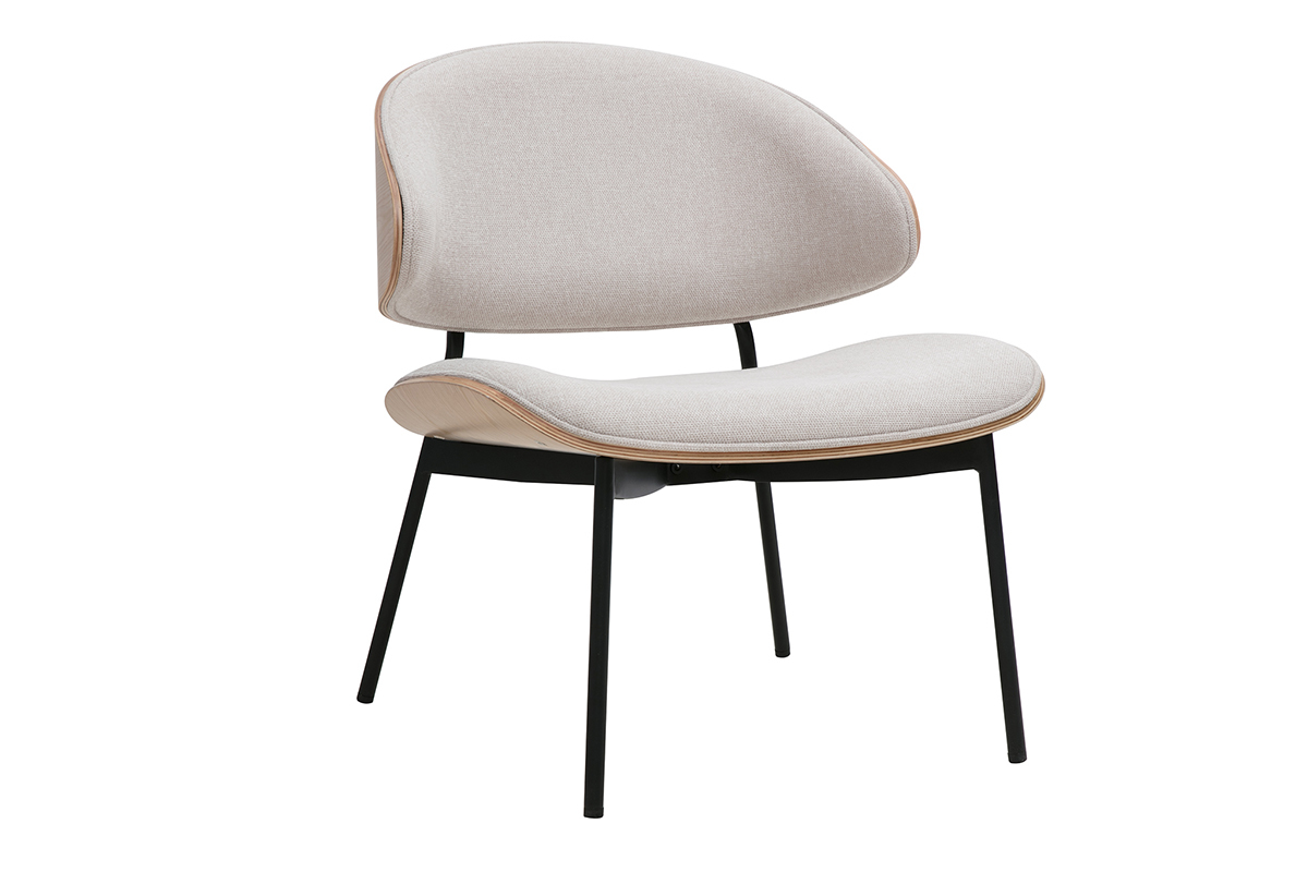 Fauteuil en tissu effet velours textur beige, bois clair et mtal noir FABULO
