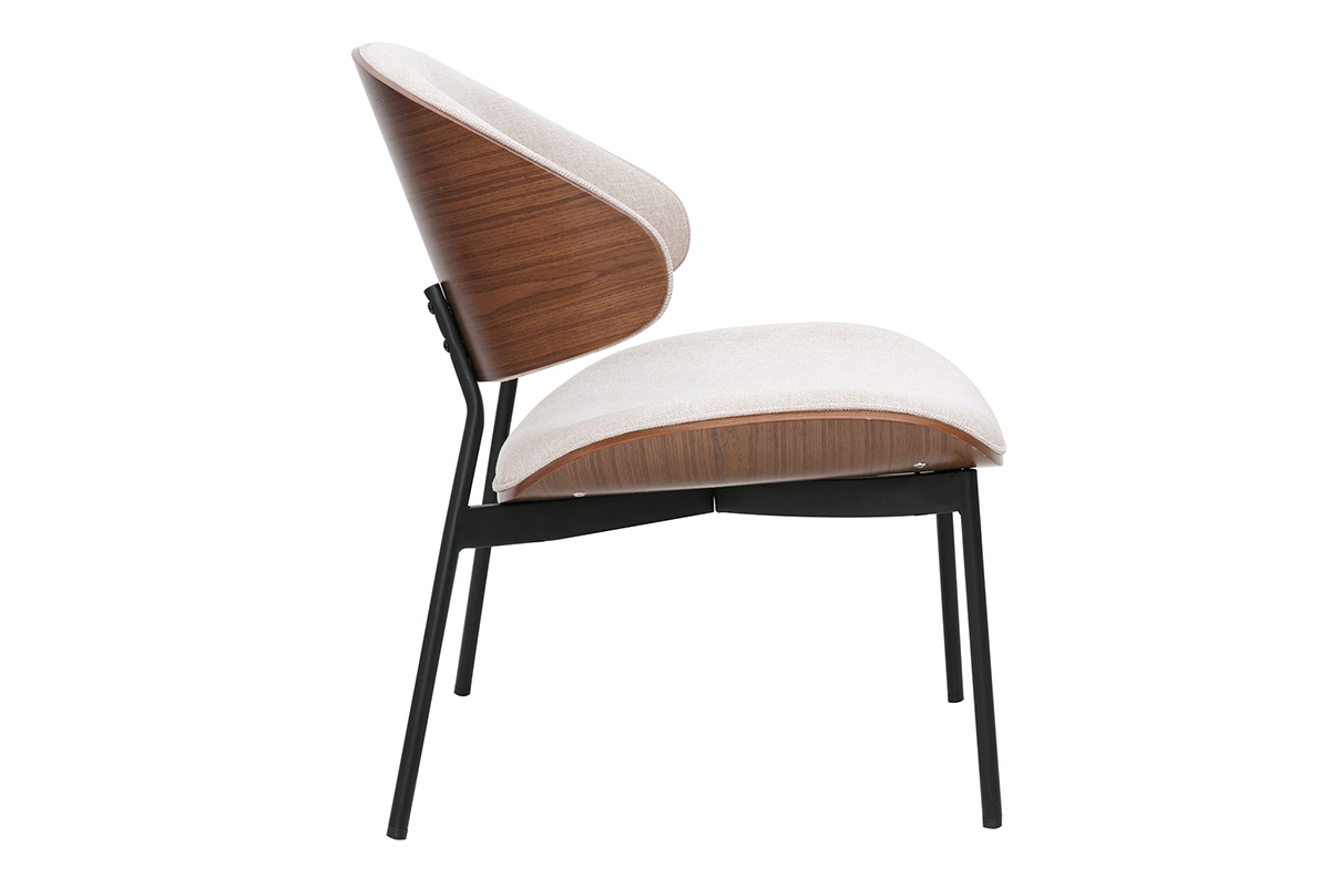 Fauteuil en tissu effet velours textur beige, bois fonc et mtal noir FABULO