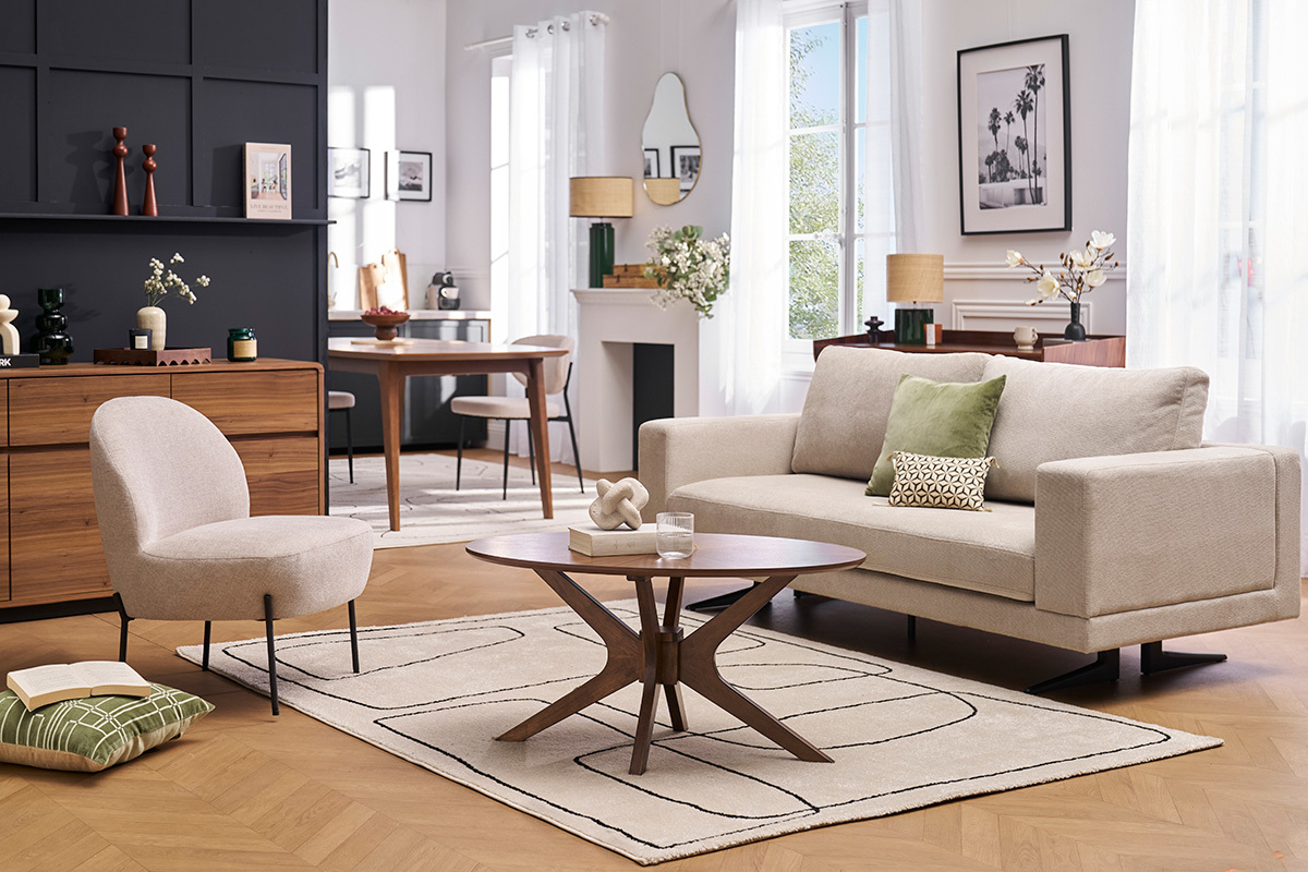 Fauteuil en tissu effet velours textur beige et mtal noir BELEY