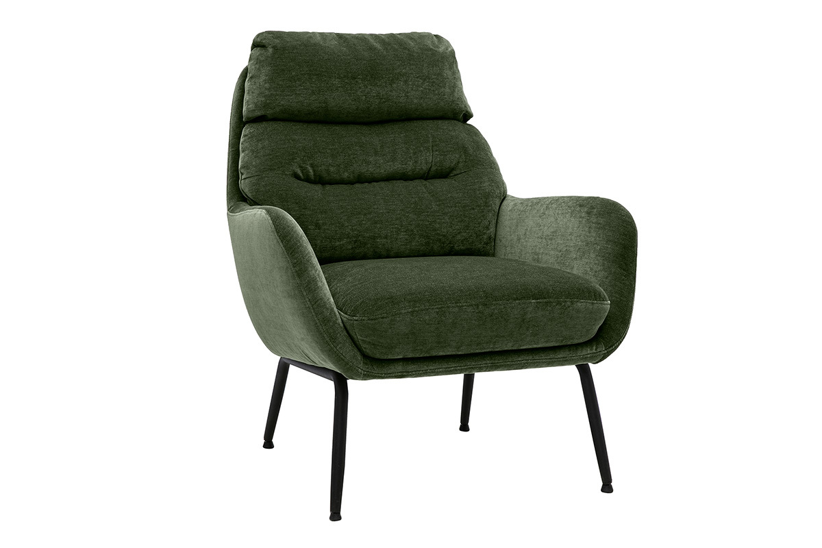 Fauteuil en tissu effet velours vert kaki et m�tal noir BENI