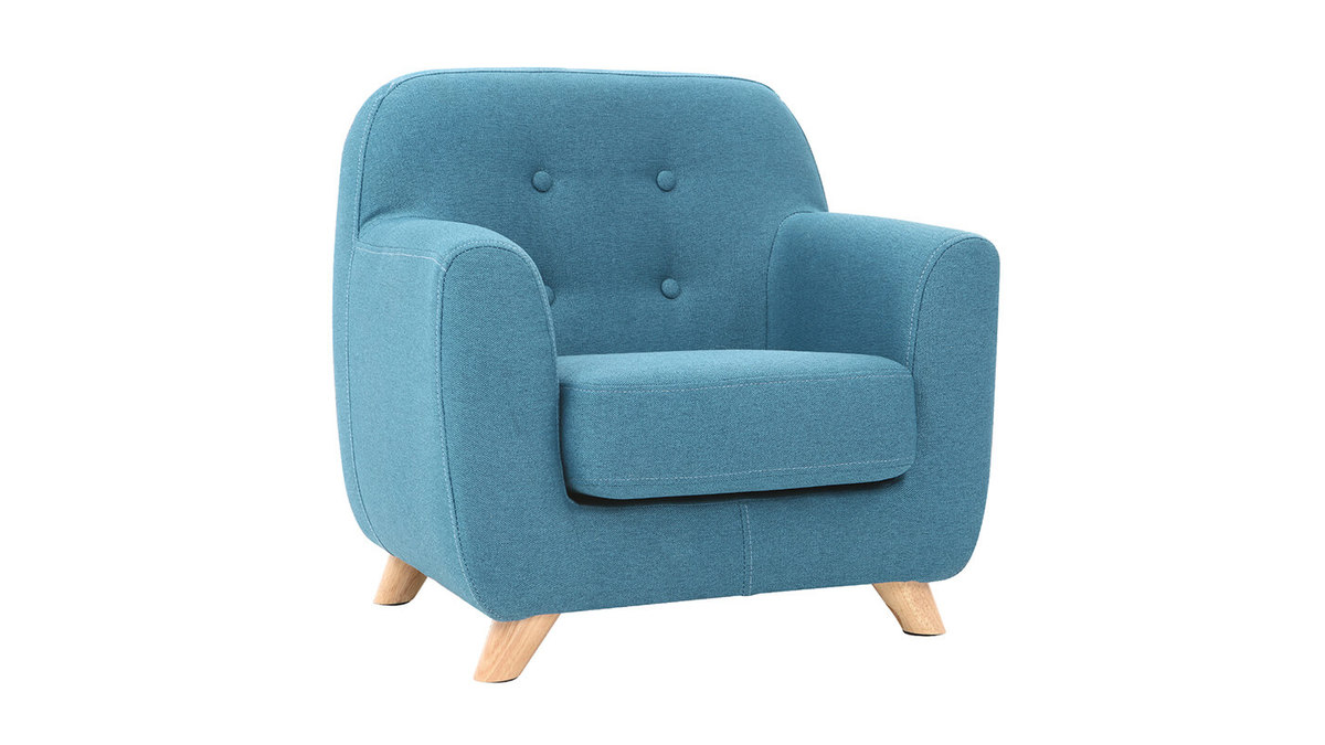 Fauteuil enfant scandinave en tissu bleu canard et bois clair NORKID