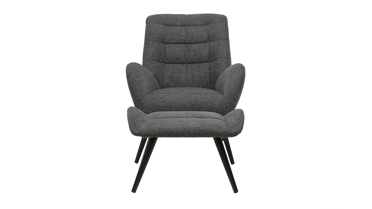 Fauteuil et repose-pieds design en tissu gris fonc et mtal noir ZOE