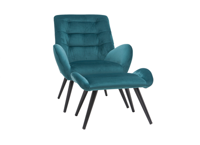 Fauteuil et repose-pieds design en tissu velours bleu pétrole et métal noir ZOE
