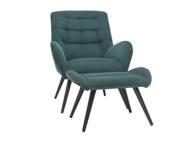 Fauteuil et repose-pieds design en tissu velours côtelé vert et métal noir ZOE