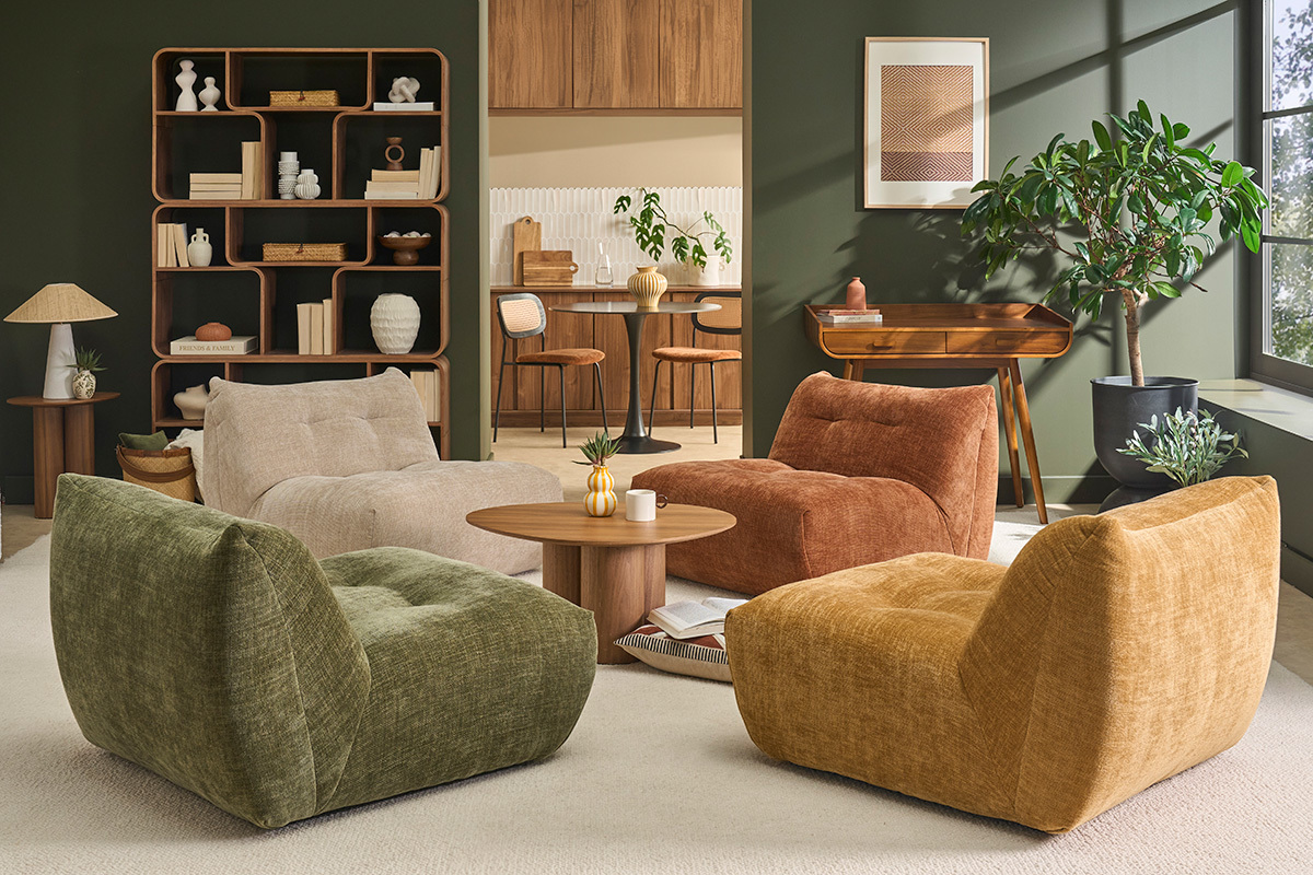 Fauteuil lounge en tissu effet velours prune BUMPY
