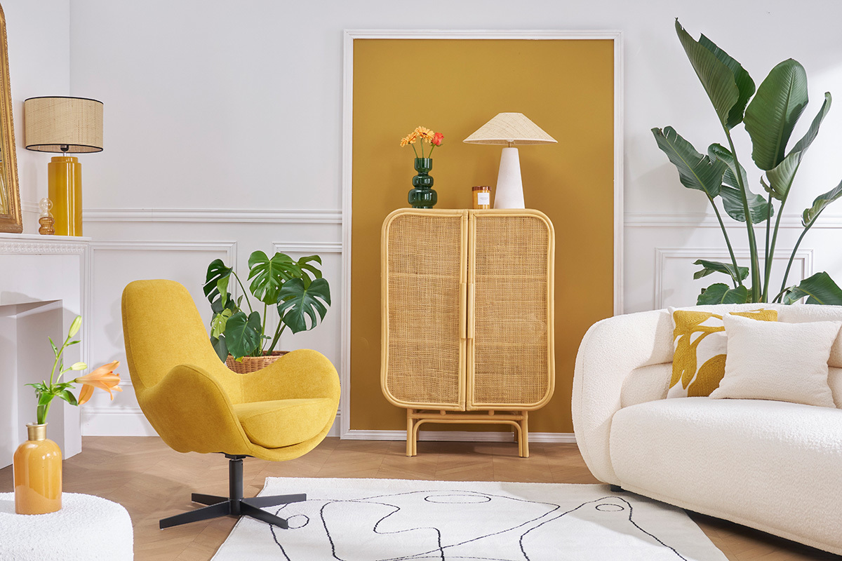 Fauteuil pivotant design en tissu effet velours jaune moutarde et mtal noir ANDY