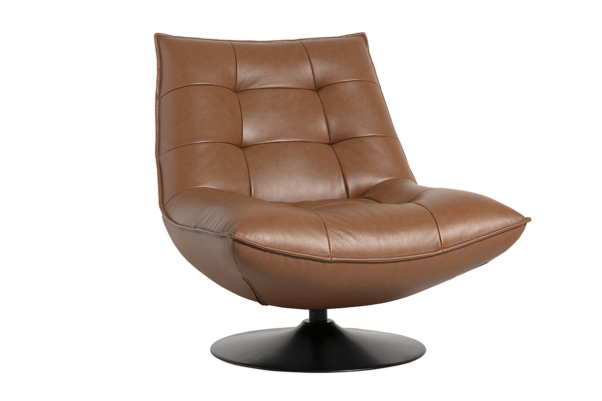 Fauteuil pivotant en cuir marron et m�tal noir HUXLEY