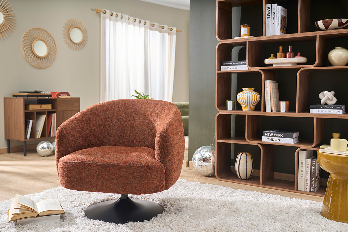 Fauteuil pivotant en tissu effet chenille bross� terre br�l�e et m�tal noir BOWIE