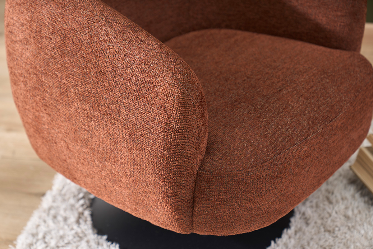 Fauteuil pivotant en tissu effet chenille bross� terre br�l�e et m�tal noir BOWIE