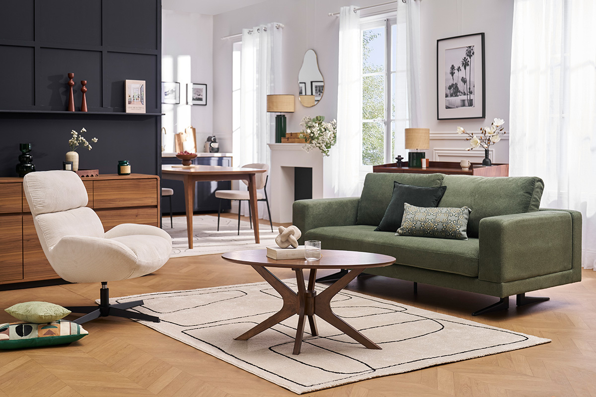 Fauteuil pivotant en tissu effet velours textur� taupe et m�tal noir KLEM