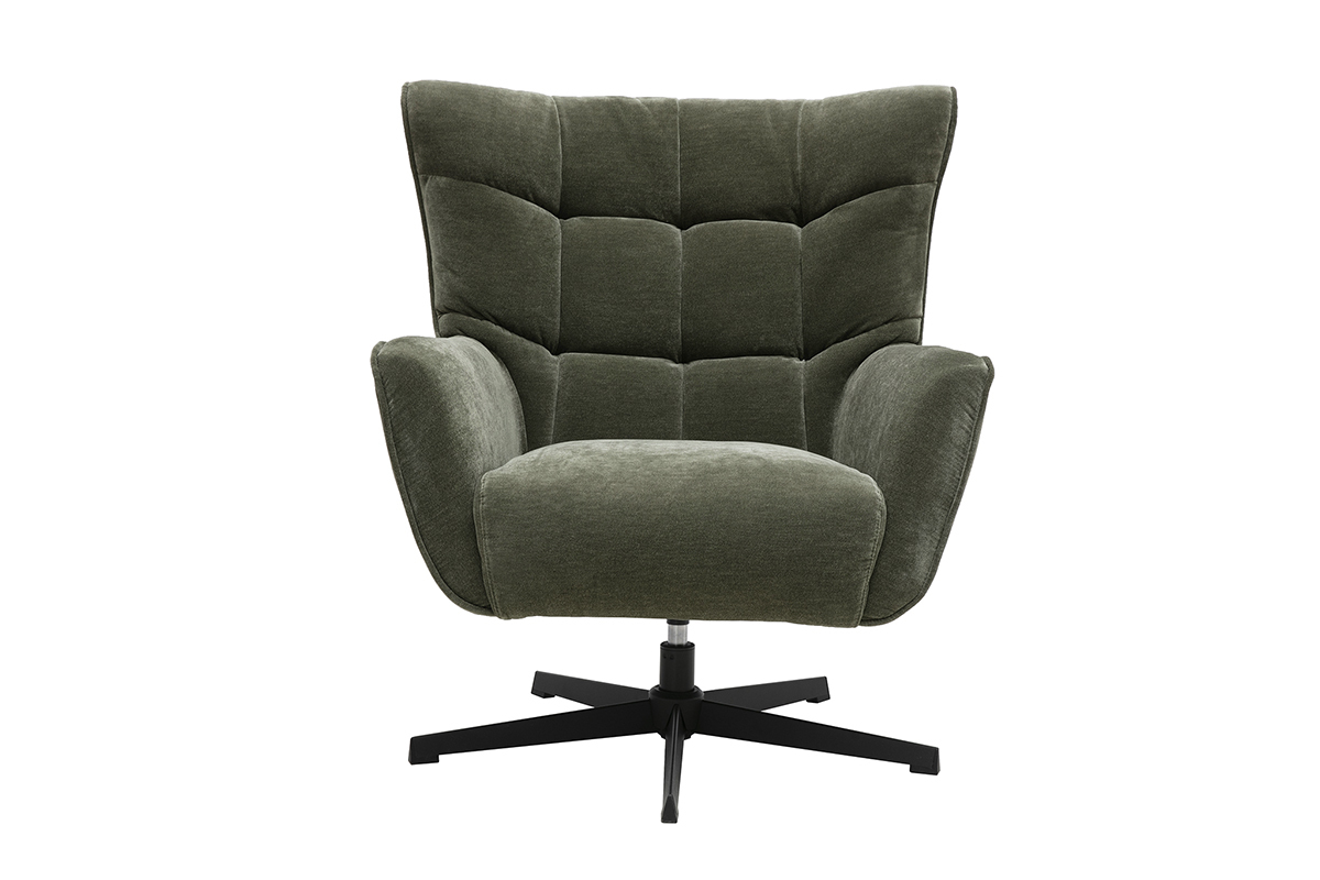 Fauteuil pivotant en tissu effet velours vert kaki et m�tal AVERY