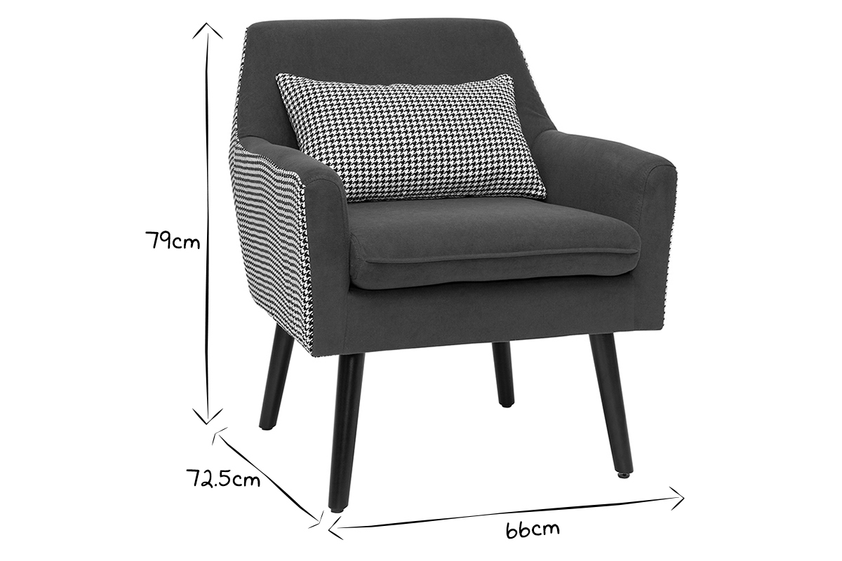 Fauteuil r�tro en velours bleu gris et tissu pied-de-poule DORIS