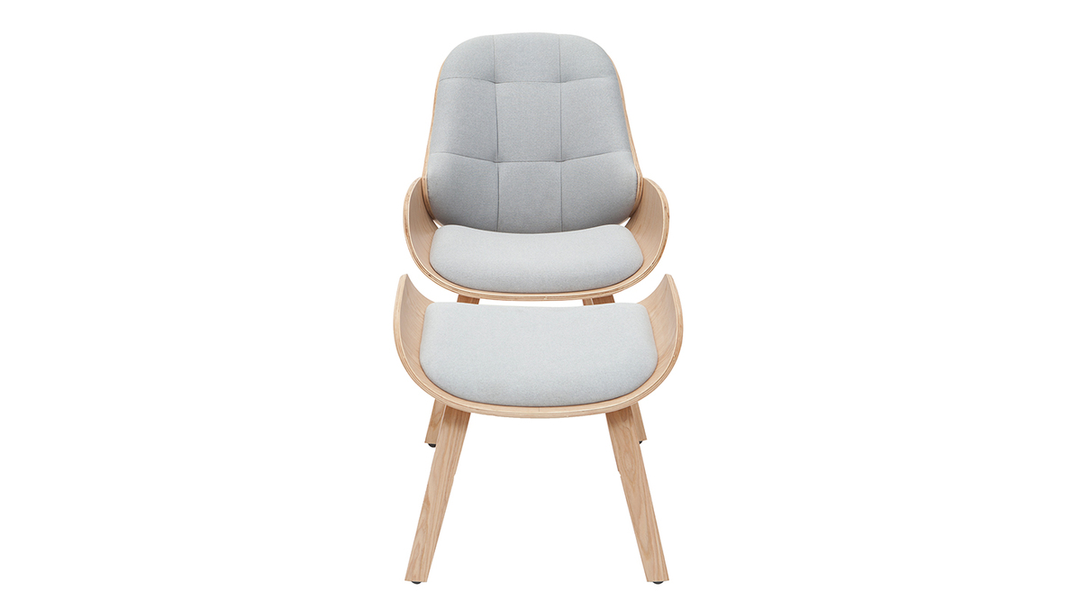 Fauteuil scandinave avec repose-pieds en tissu gris clair et bois clair VIVI