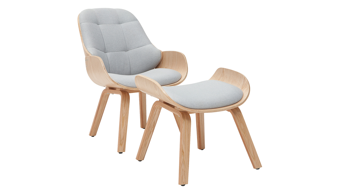 Fauteuil scandinave avec repose-pieds en tissu gris clair et bois clair VIVI