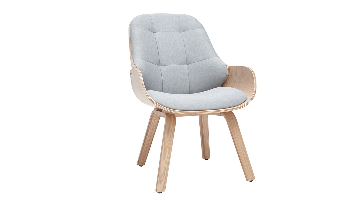 Fauteuil scandinave avec repose-pieds en tissu gris clair et bois clair VIVI