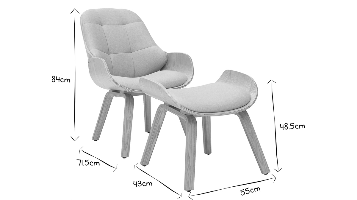 Fauteuil scandinave avec repose-pieds en tissu gris clair et bois clair VIVI