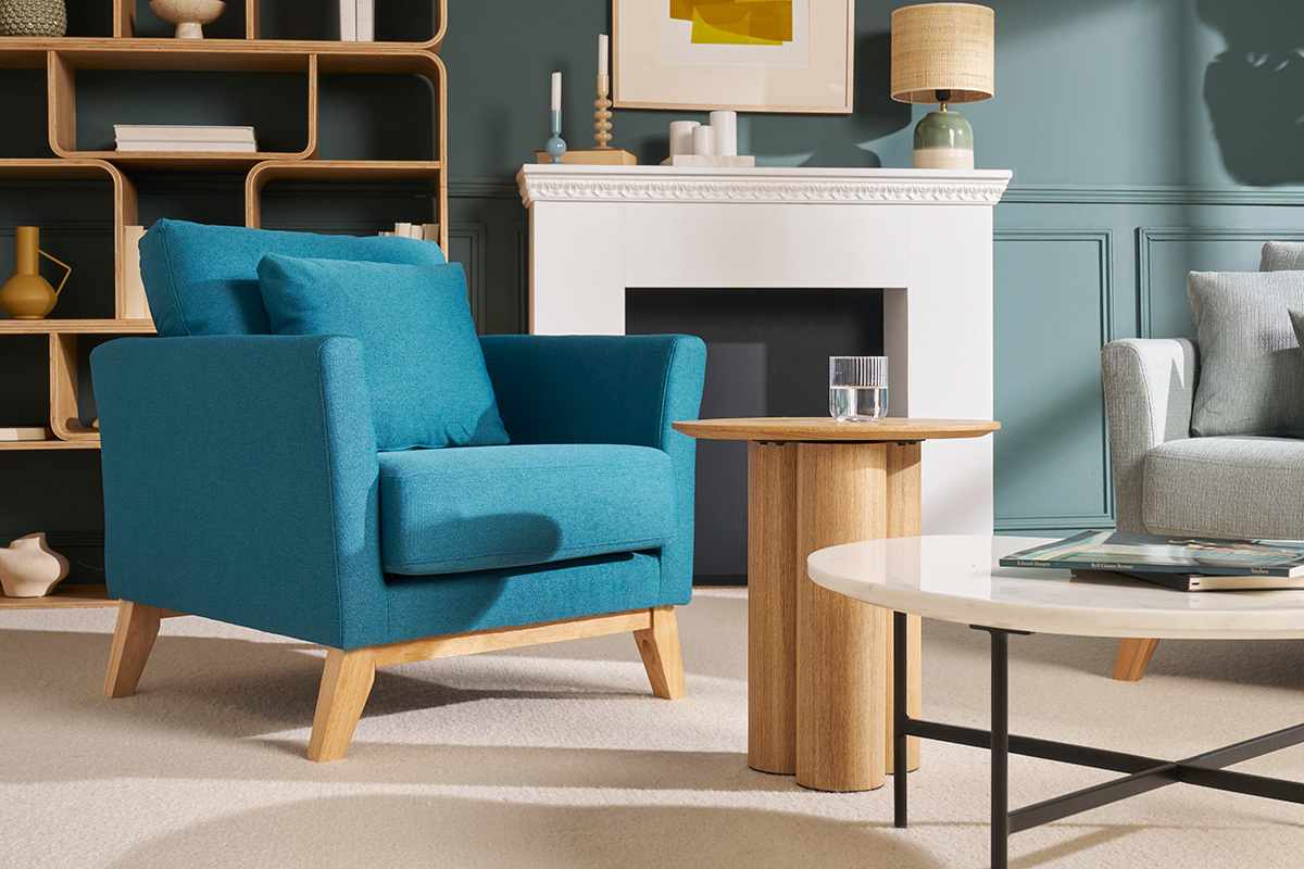 Fauteuil scandinave dhoussable en tissu bleu canard et bois clair OSLO
