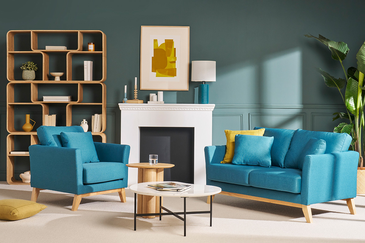 Fauteuil scandinave dhoussable en tissu bleu canard et bois clair OSLO