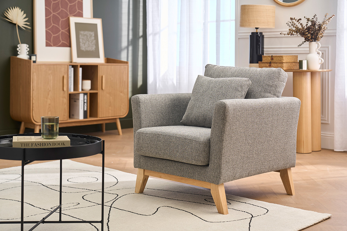 Fauteuil scandinave d�houssable en tissu gris clair et bois clair OSLO