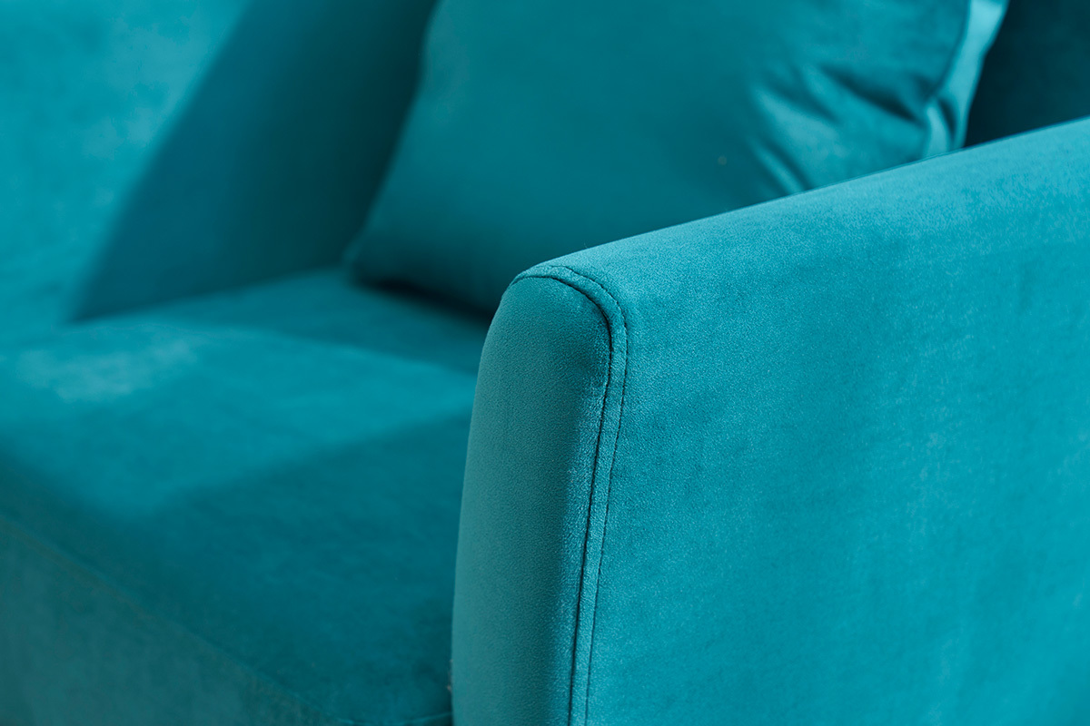 Fauteuil scandinave dhoussable en tissu velours bleu ptrole et bois clair OSLO