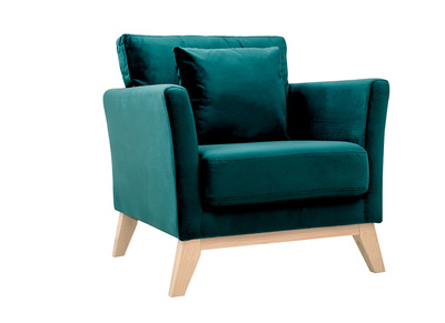 Fauteuil scandinave déhoussable en tissu velours bleu pétrole et bois clair OSLO