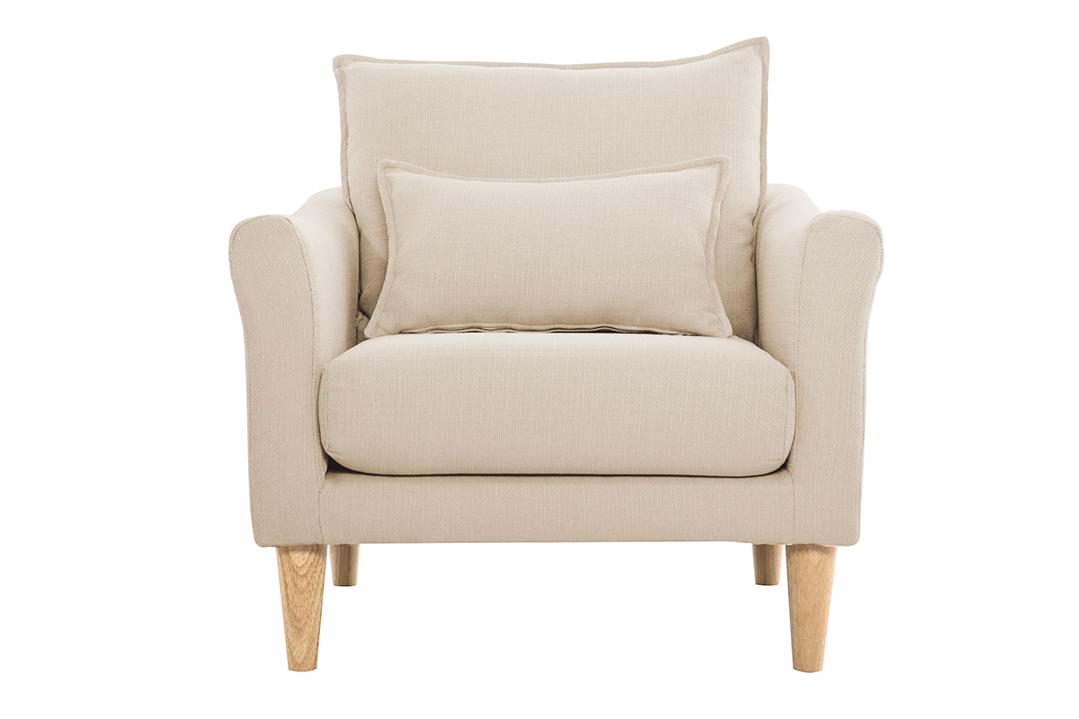 Fauteuil scandinave en tissu beige et bois clair KATE