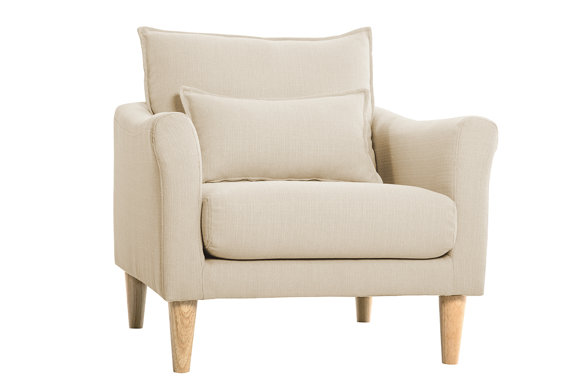 Fauteuil scandinave en tissu beige et bois clair KATE
