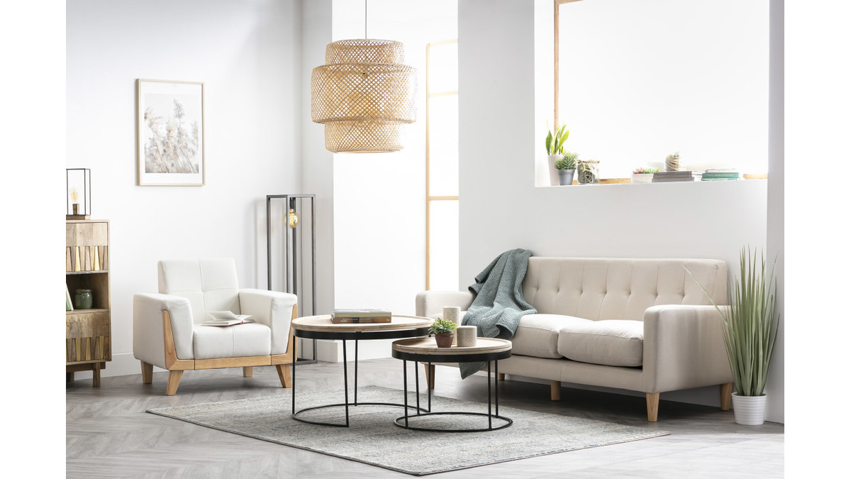 Fauteuil scandinave en tissu blanc cass et bois clair FJORD