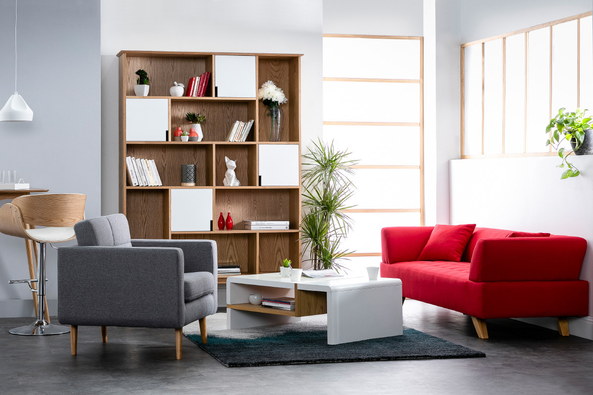 Fauteuil scandinave en tissu bleu canard et bois ELFE