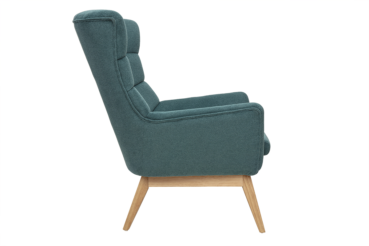 Fauteuil scandinave en tissu chenille bleu canard et bois clair BRODY