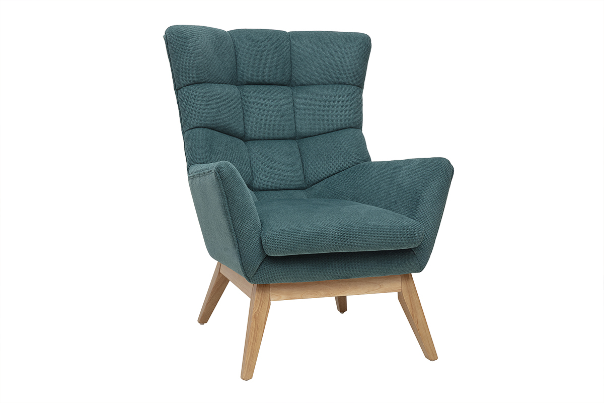 Fauteuil scandinave en tissu chenille bleu canard et bois clair BRODY
