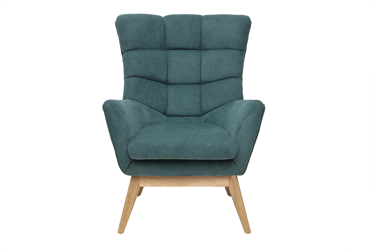 Fauteuil scandinave en tissu chenille bleu canard et bois clair BRODY