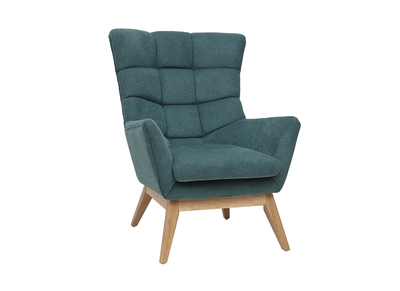 Fauteuil scandinave en tissu chenille bleu canard et bois clair BRODY