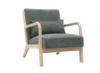 Fauteuil scandinave en tissu chenille vert kaki et bois clair massif DERRY