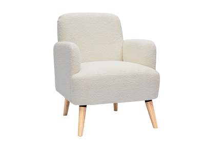 Fauteuil scandinave en tissu effet laine bouclée blanc cassé et bois clair ISKO