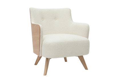 Fauteuil scandinave en tissu effet laine bouclée blanc cassé et bois clair VALMY