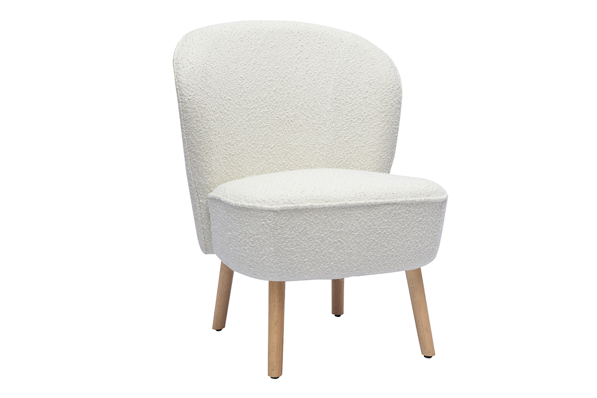 Fauteuil scandinave en tissu effet laine boucle blanc et bois clair AMANITA