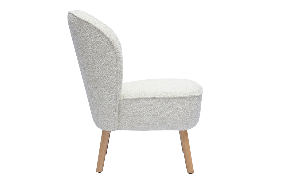Fauteuil scandinave en tissu effet laine boucle blanc et bois clair AMANITA