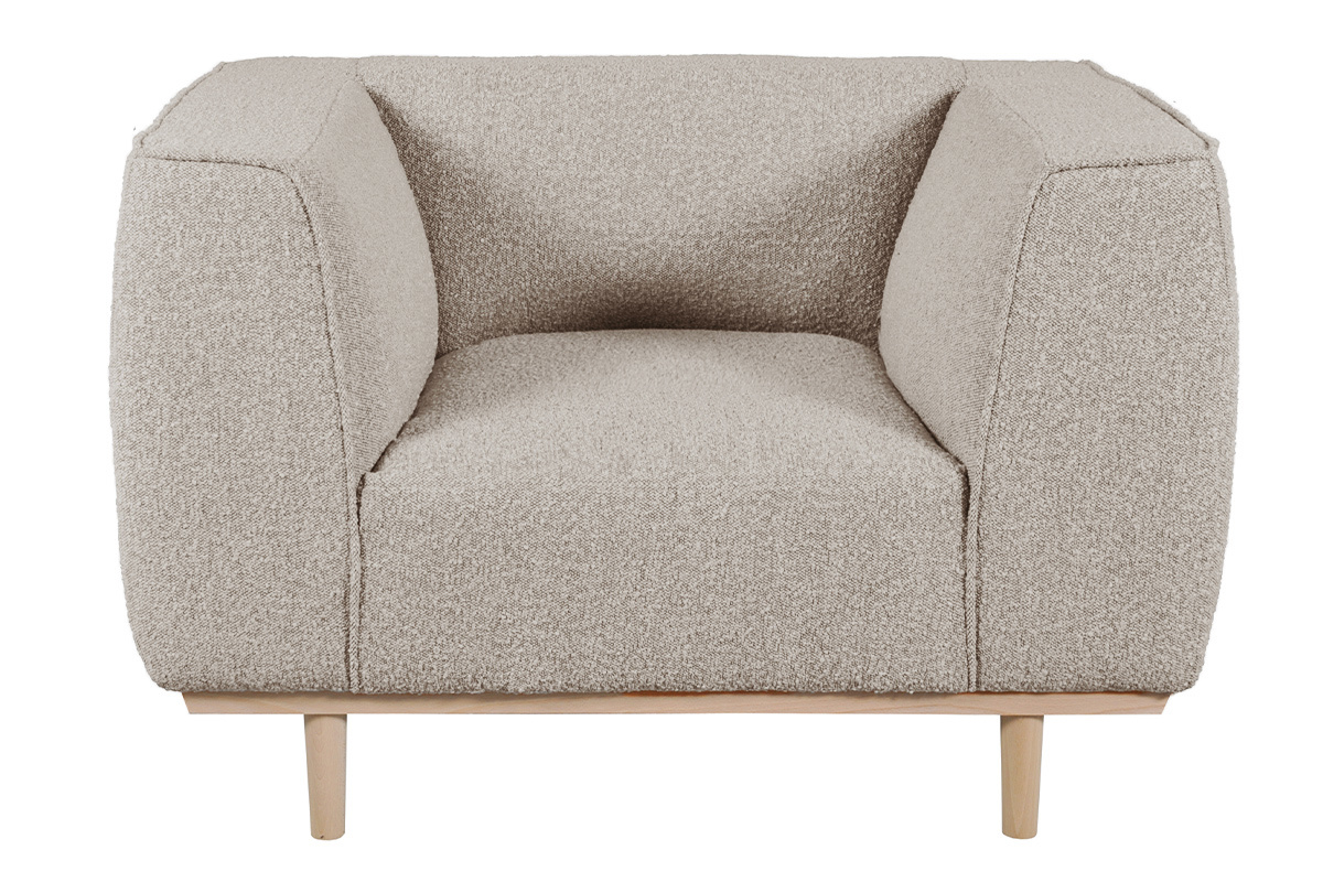 Fauteuil scandinave en tissu effet laine boucle taupe et bois clair MORRIS